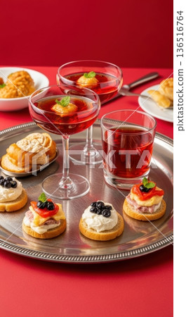Classic Gin Martinis with Olives on Silver Tray with Palm Shadow 136516764