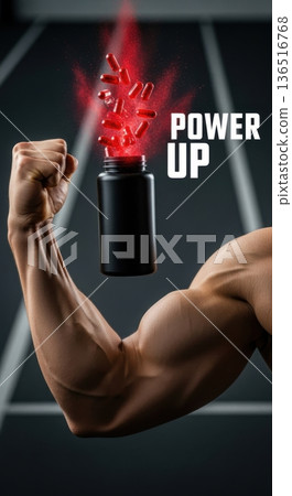 Muscular Arm Reaching for Exploding Red Capsules in Dark Gym Muscular Arm Reaching for Exploding Red Capsules in Dark Gym 136516768