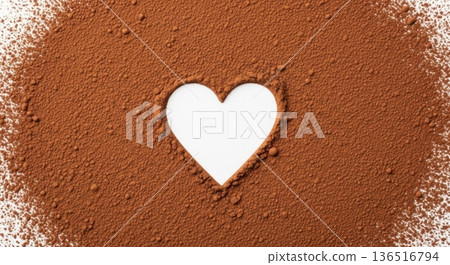 Heart shape in cocoa powder on white background top view. 136516794