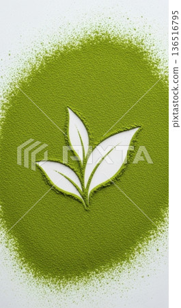 Green matcha powder with a leaf shape negative space 136516795