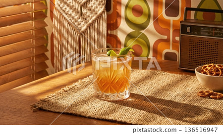 Refreshing Negroni Cocktail Held Over Mediterranean Sea View 136516947