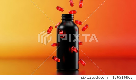 Explosion of Red Capsules Flying Out of Black Supplement Bottle 136516963