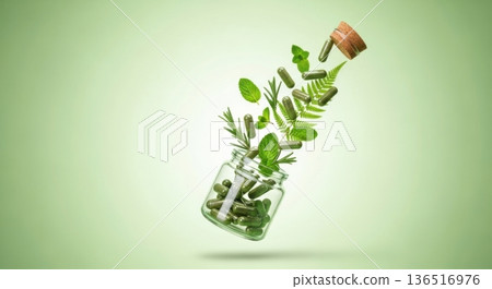 Herbal Medicine Green Capsules in Glass Jar with Fresh Leaves 136516976