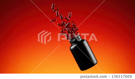 Explosion of Red Capsules Flying Out of Black Supplement Bottle 136517009