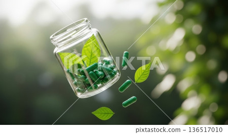 Herbal Medicine Green Capsules in Glass Jar with Fresh Leaves 136517010