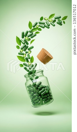Herbal Medicine Green Capsules in Glass Jar with Fresh Leaves Herbal Medicine Green Capsules in Glass Jar with Fresh Leaves 136517012