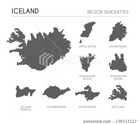 Iceland region silhouettes set and blank map of the country isolated on white background. Vector illustration design 136517127