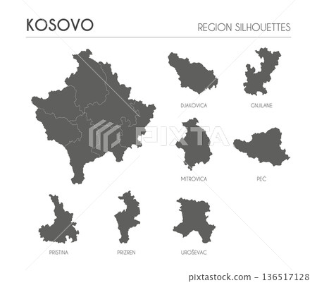 Kosovo region silhouettes set and blank map of the country isolated on white background. Vector illustration design 136517128