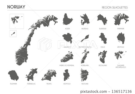 Norway region silhouettes set and blank map of the country isolated on white background. Vector illustration design Norway region silhouettes set and blank map of the country isolated on white background. Vector illustration design 136517136