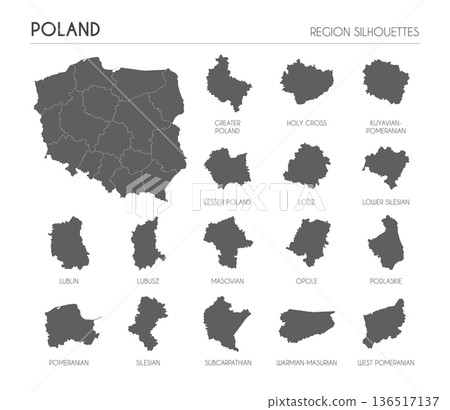 Poland region silhouettes set and blank map of the country isolated on white background. Vector illustration design Poland region silhouettes set and blank map of the country isolated on white background. Vector illustration design 136517137