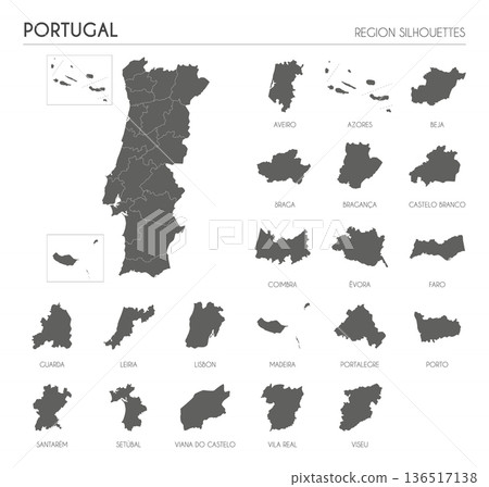 Portugal region silhouettes set and blank map of the country isolated on white background. Vector illustration design 136517138