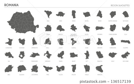 Romania region silhouettes set and blank map of the country isolated on white background. Vector illustration design 136517139