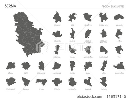 Serbia region silhouettes set and blank map of the country isolated on white background. Vector illustration design Serbia region silhouettes set and blank map of the country isolated on white background. Vector illustration design 136517140
