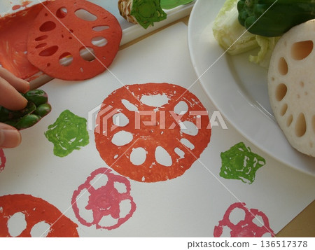 Paint lettuce cores, lotus roots, and bell pepper pieces to make stamps and play with them. 136517378