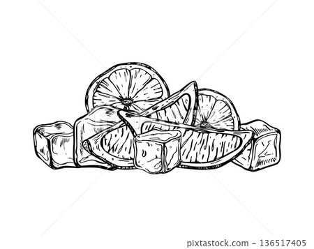 Citrus slices and ice cubes vector illustration painted by black inks. Monochrome lemon or lime pieces for cold water nonalcoholic beverage, tonic etching drawing. For summer drink design Citrus slices and ice cubes vector illustration painted by black inks. Monochrome lemon or lime pieces for cold water nonalcoholic beverage, tonic etching drawing. For summer drink design 136517405