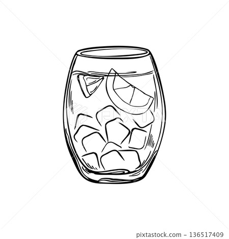 Lemon tonic with ice cubes fruit slice in glass monochrome vector illustration. Summer cold nonalcoholic drink etching drawing. Citrus cocktail for healthy lifestyle concept, party Lemon tonic with ice cubes fruit slice in glass monochrome vector illustration. Summer cold nonalcoholic drink etching drawing. Citrus cocktail for healthy lifestyle concept, party 136517409