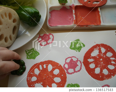 Using lettuce cores, bell peppers, and lotus root scraps and paint, students stamp and create colorful cross-section patterns. 136517583