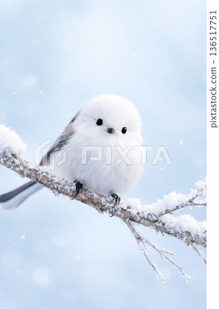 一隻可愛的長尾山雀棲息在樹枝上，雪花飄落。 136517751