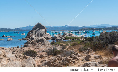 Panoramic view of rocky coast and blue sea. Mediterranean natural landscape for travel and nature use, La Maddalena, Italy Panoramic view of rocky coast and blue sea. Mediterranean natural landscape for travel and nature use, La Maddalena, Italy 136517762