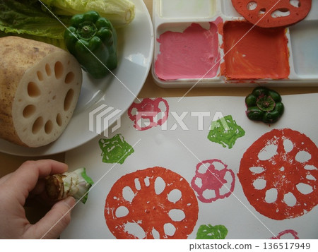 Children paint the discarded ends of lotus root, bell pepper, and lettuce and stamp patterns onto construction paper. 136517949