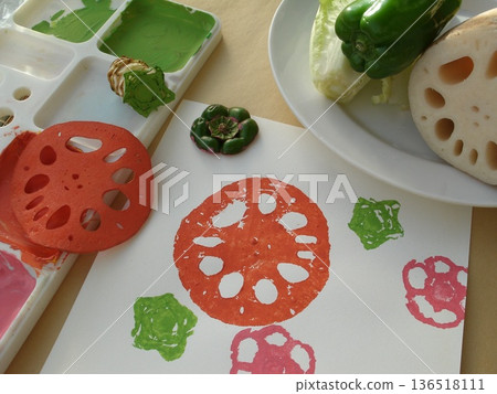 Vegetable stamps with cut patterns using lotus root, bell pepper scraps, and lettuce cores. Vegetable stamps with cut patterns using lotus root, bell pepper scraps, and lettuce cores. 136518111