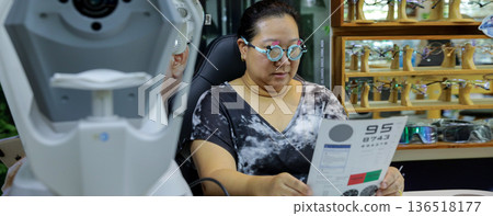 Phoropter for eye test, lenses glasses for eye check in optical store. 136518177