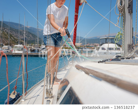Adult Woman Enjoying Sunny Day On Yacht Finike Marina Turkey Adult Woman Enjoying Sunny Day On Yacht Finike Marina Turkey 136518237