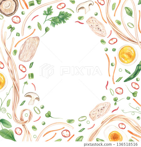 Ramen ingredients watercolor border on isolated background. Noodles, mushrooms, chicken slices, chili pepper, halved eggs, vegetable pieces and herbs square frame with oval copy space for text. 136518516
