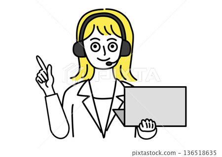 A line drawing of a woman in a suit wearing a headset, holding a PC and pointing at it A line drawing of a woman in a suit wearing a headset, holding a PC and pointing at it 136518635