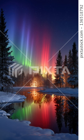 Vibrant Aurora Borealis lights up a serene winter landscape with reflections in a frozen river 136518792