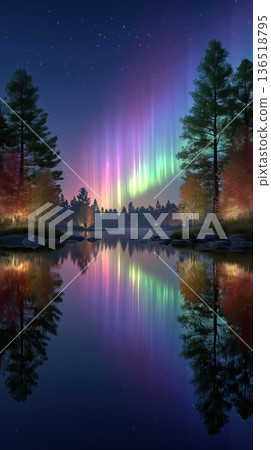 Vibrant Northern Lights Reflected in Calm Lake at Night 136518795