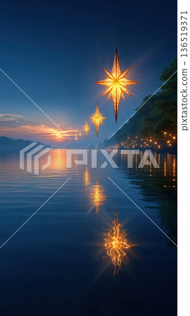 Enchanting Star Lanterns Over a Lake at Dusk 136519371
