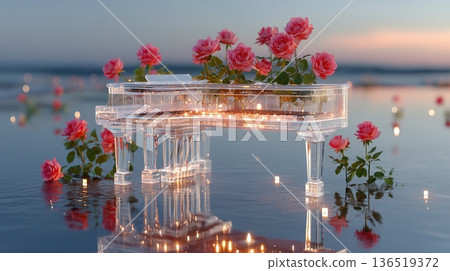 Ethereal Glass Piano Adorned with Pink Roses in Tranquil Water at Sunset 136519372