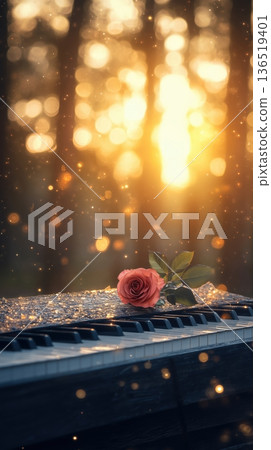 Single rose on piano keys bathed in enchanting golden light 136519401