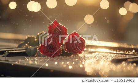 Sparkling Red Roses on Piano Keys with Golden Bokeh Light 136519402