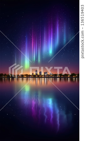 Spectacular Aurora Borealis over City Skyline Reflected in Water at Night 136519403