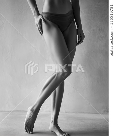 黑白女性姿勢，展現優美雙腿和高跟鞋 | 極簡主義工作室背景圖片 136519781