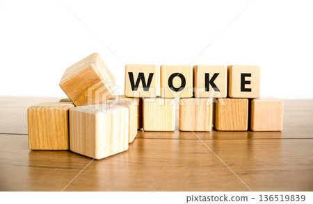 Woke question symbol. Concept word Woke question on beautiful wooden blocks. Beautiful wooden table white background. Business, lifestyle, support and woke question concept. Copy space. 136519839