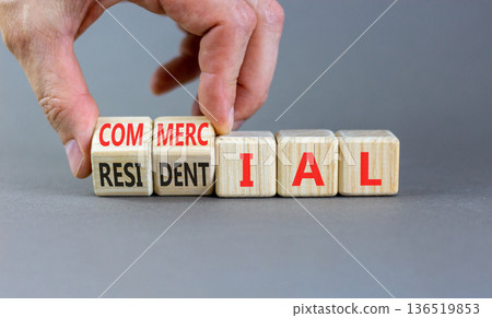 Commercial or residential symbol. Concept words Commercial or Residential on beautiful wooden blocks. Beautiful grey background. Business commercial or residential concept. Copy space. Commercial or residential symbol. Concept words Commercial or Residential on beautiful wooden blocks. Beautiful grey background. Business commercial or residential concept. Copy space. 136519853