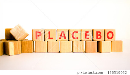 Placebo word medical symbol. Concept word Placebo on beautiful wooden blocks. Beautiful white background. Business placebo word medical concept. Copy space. 136519932