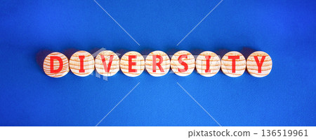 Diversity symbol. Concept words Diversity on beautiful wooden circles. Beautiful blue background. Business support diversity DEI concept. Copy space. 136519961