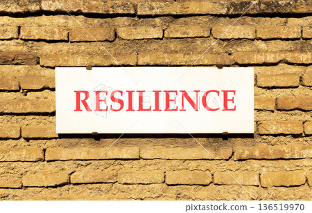 Resilience symbol. Concept word Resilience on beautiful white marble sign plate. Beautiful ancient brick wall background. Business resilience concept. Copy space. 136519970