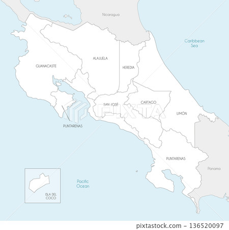 Vector map of Costa Rica with regions and administrative divisions, and neighbouring countries and territories. Editable and clearly labeled layers. 136520097