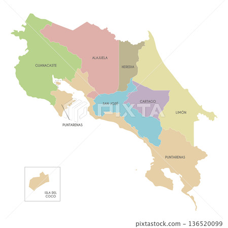 Vector map of Costa Rica with regions or territories and administrative divisions. Editable and clearly labeled layers. 136520099