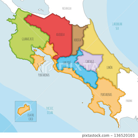 Vector illustrated map of Costa Rica with regions and administrative divisions, and neighbouring countries and territories. Editable and clearly labeled layers. 136520103