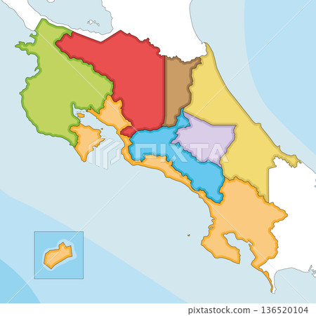 Vector illustrated blank map of Costa Rica with regions and administrative divisions, and neighbouring countries and territories. Editable and clearly labeled layers. 136520104
