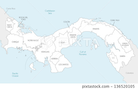 Vector map of Panama with provinces, indigenous regions and administrative divisions, and neighbouring countries and territories. Editable and clearly labeled layers. 136520105