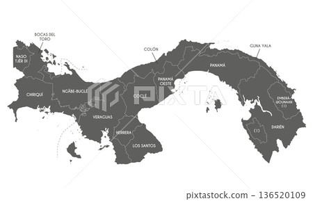 Vector map of Panama with provinces, indigenous regions and administrative divisions. Editable and clearly labeled layers. 136520109