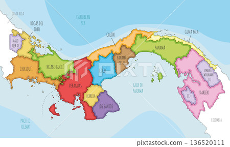Vector illustrated map of Panama with provinces, indigenous regions and administrative divisions, and neighbouring countries and territories. Editable and clearly labeled layers. 136520111