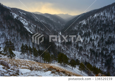 Beautiful mountain valley with snow and pine trees. Winter landscape and travel destination nature concept. Outdoor scenery for vacation background. Route to Central Krasnoyarsk Stolby park Beautiful mountain valley with snow and pine trees. Winter landscape and travel destination nature concept. Outdoor scenery for vacation background. Route to Central Krasnoyarsk Stolby park 136520159